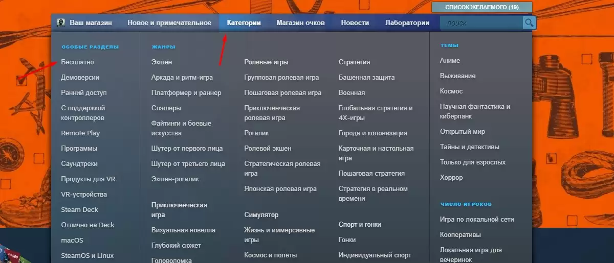 Наведите курсор на "Категории"