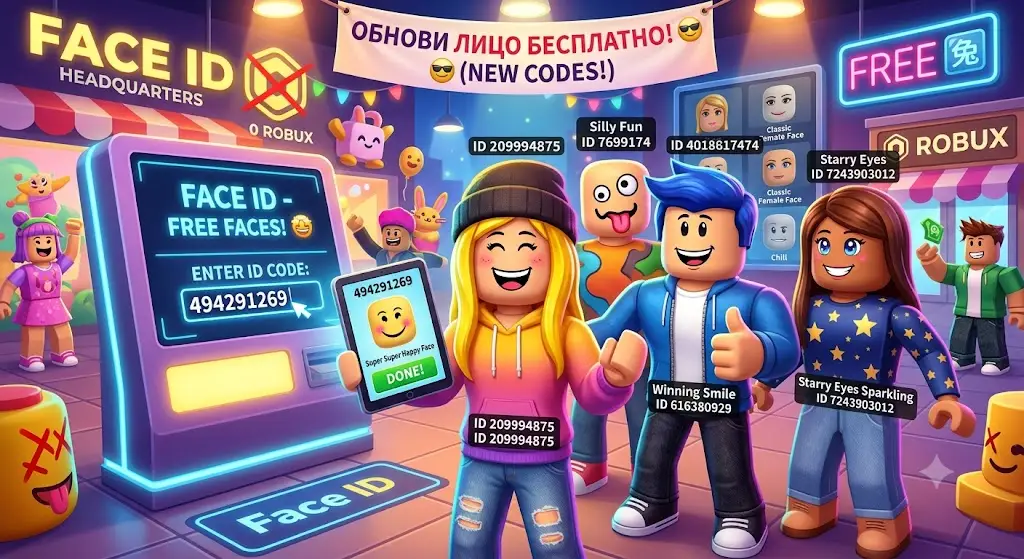 Бесплатные коды на лица в Face ID Roblox смени стиль без робуксов!