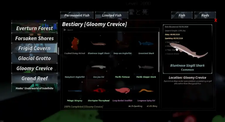 Как поймать всех 21 рыб в Gloomy Crevice в Fisch